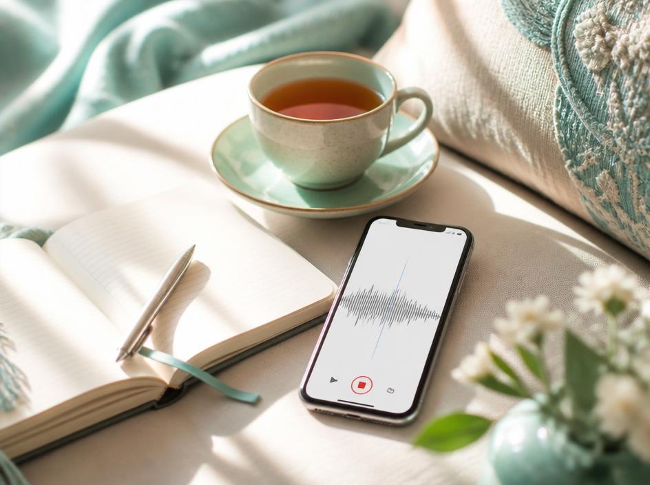 A smartphone showing a voice memo app next to an open notebook and a cup of tea.